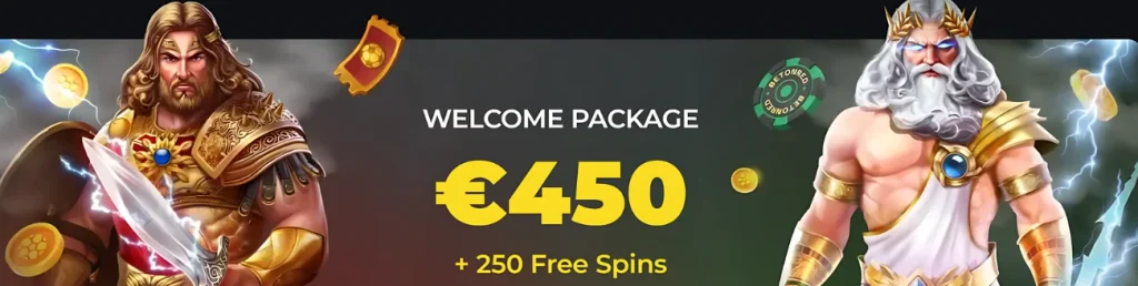 BetOnRed Casino welcome package offering €450 and 250 free spins.