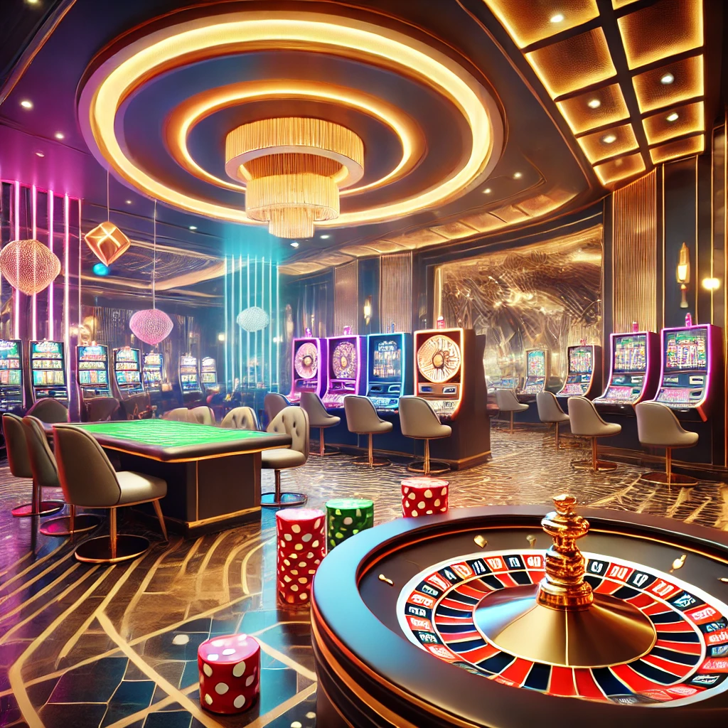 Lively Casino with glowing slot machines, roulette, blackjack, and craps tables.