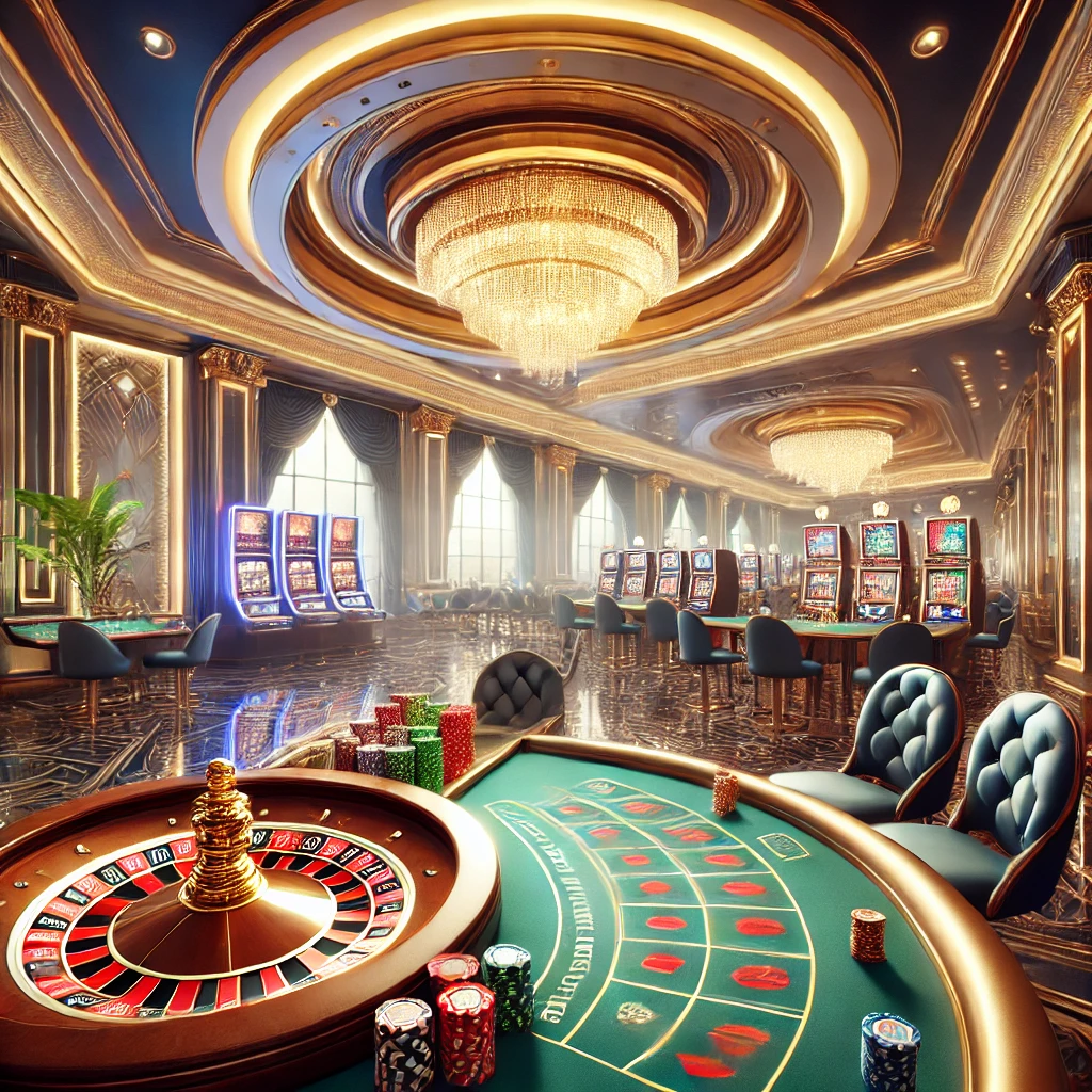 Lively Casino with glowing slot machines, roulette, blackjack, and craps tables.