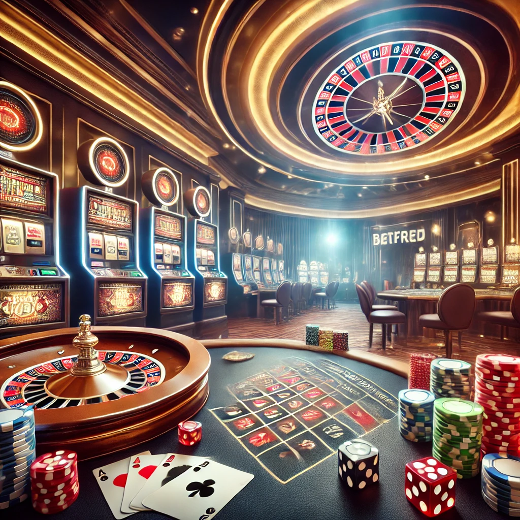 Lively Casino with glowing slot machines, roulette, blackjack, and craps tables.