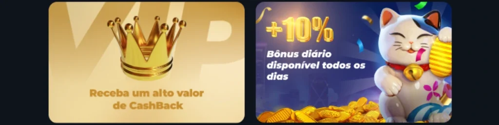 Two promotional banners: VIP Cashback with a golden crown and a 10% daily bonus featuring a lucky cat with gold coins