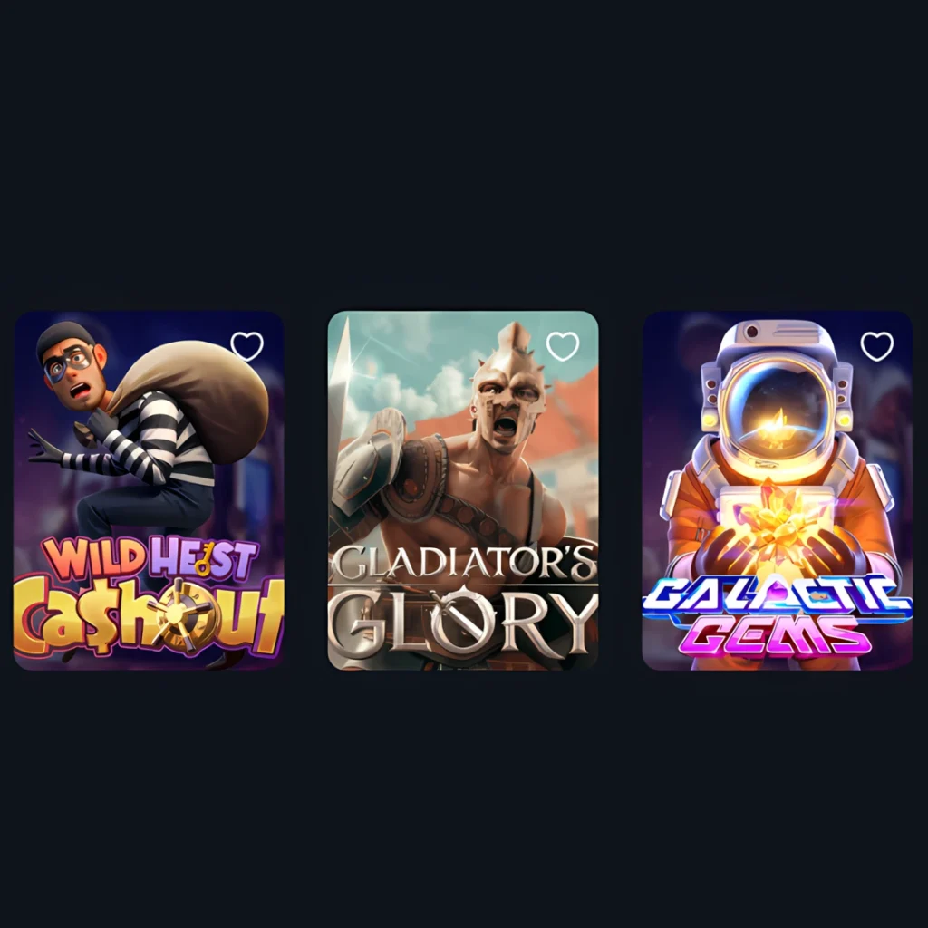 Three featured casino games: Wild Heist Cashout with a cartoon thief, Gladiator's Glory with a fierce gladiator, and Galactic Gems with a futuristic astronaut.