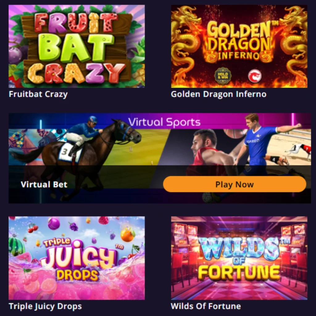 BeVegas Casino games including Fruitbat Crazy and Virtual Sports options