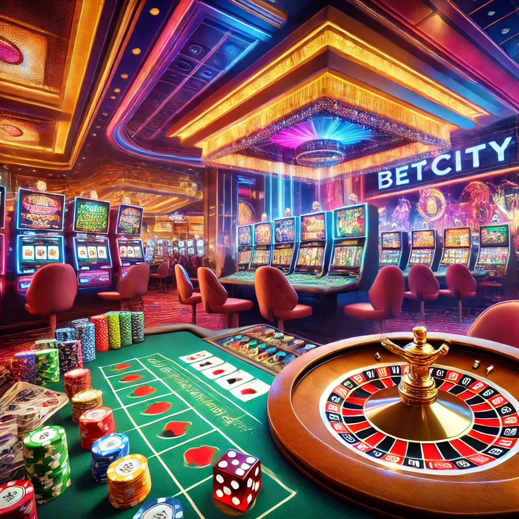 Vibrant Betcity Casino with colorful slot machines, roulette, blackjack, and craps tables.