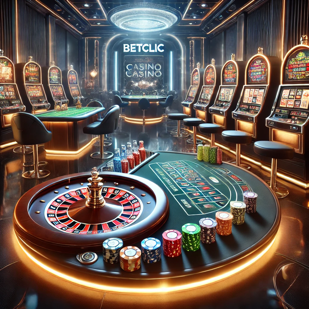 Sleek Betclic Casino with glowing slot machines, roulette, blackjack, and craps tables.