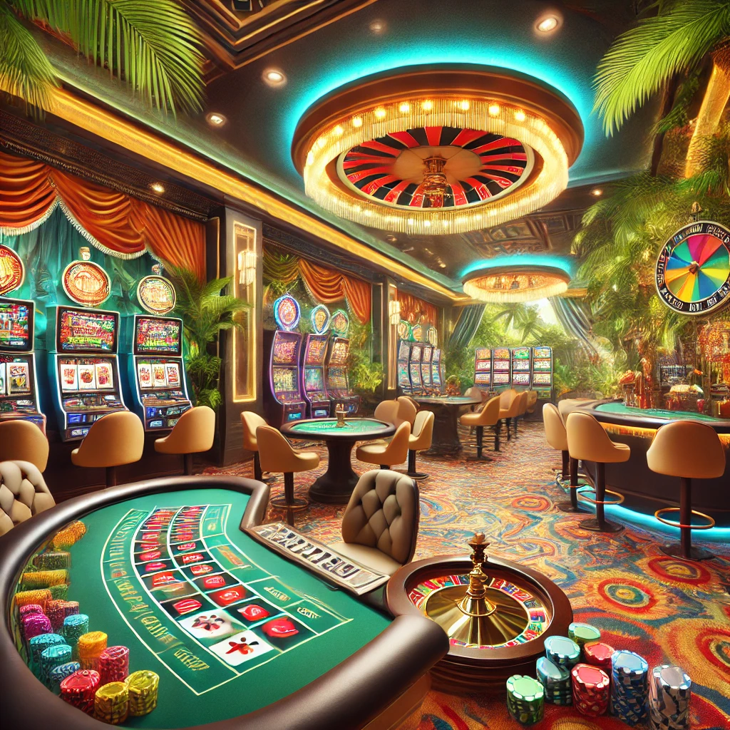 Exotic BetCoco Casino with tropical-themed slot machines, roulette, blackjack, and craps tables.