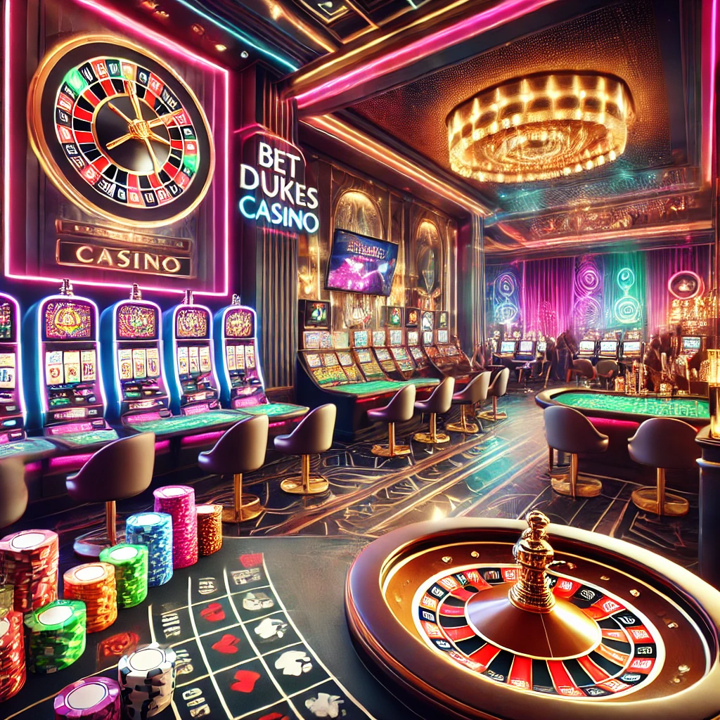 Luxurious BetDukes Casino with slot machines, roulette, blackjack, and craps in a vibrant neon-lit setting.