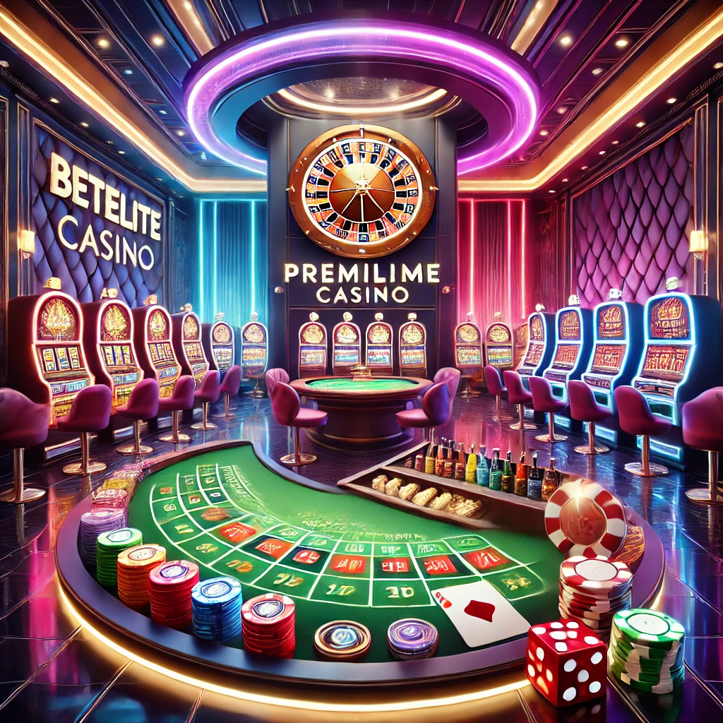 Luxurious BetElite Casino with neon-lit slot machines, roulette, blackjack, and craps tables.