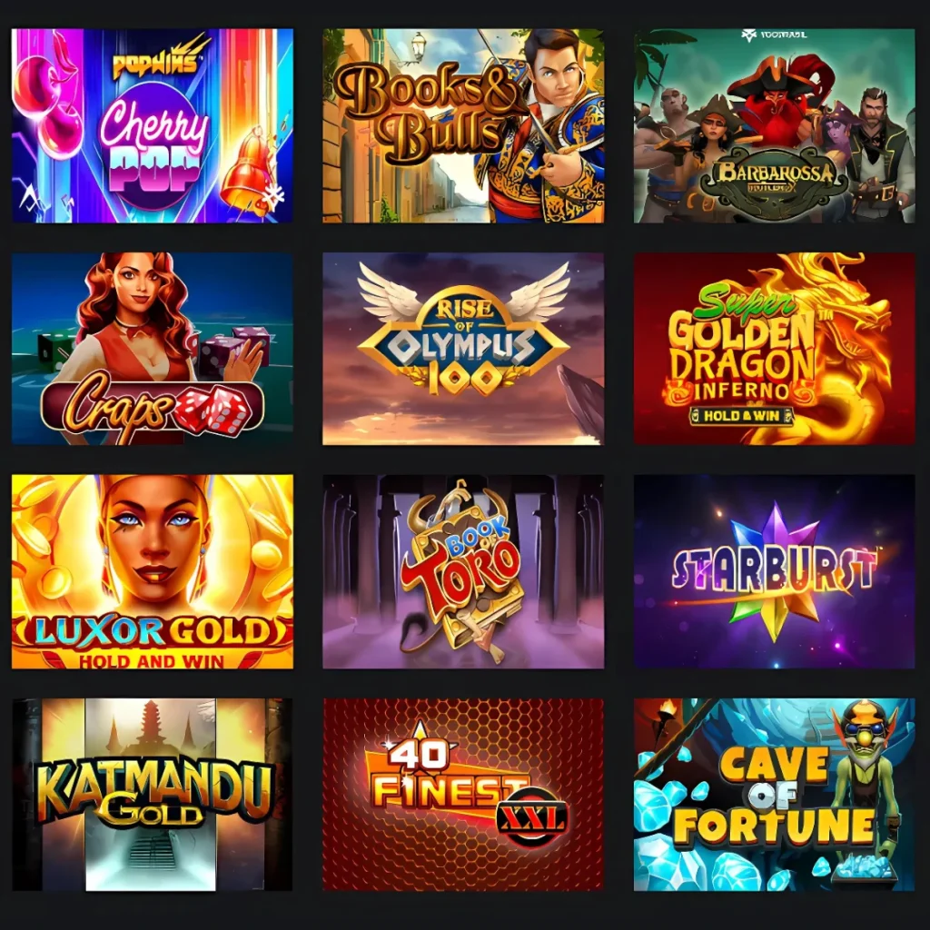 Popular slot games at Betstro Casino, including Starburst and Luxor Gold