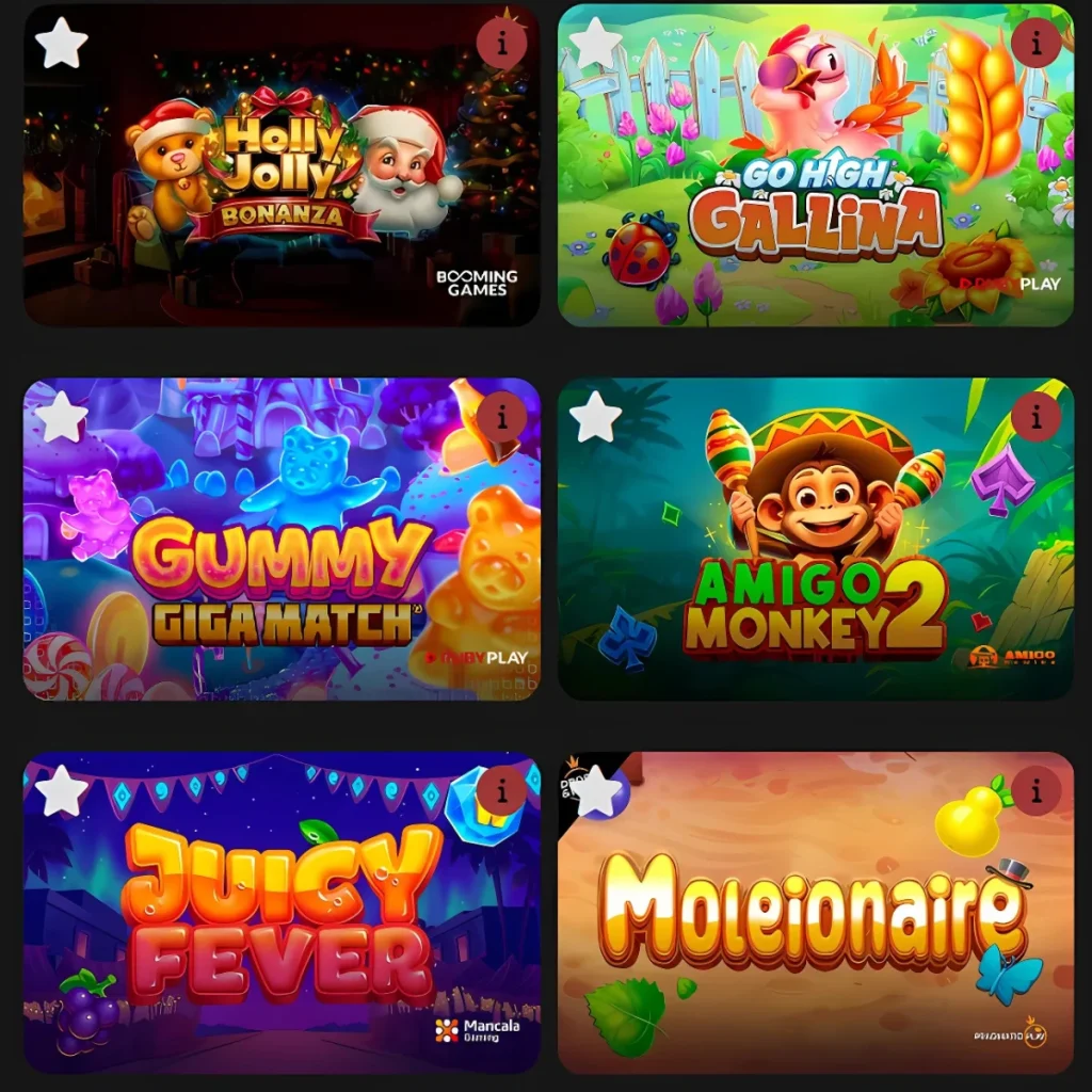 Popular slot games at Betsul Casino, including Juicy Fever and Gummy Match