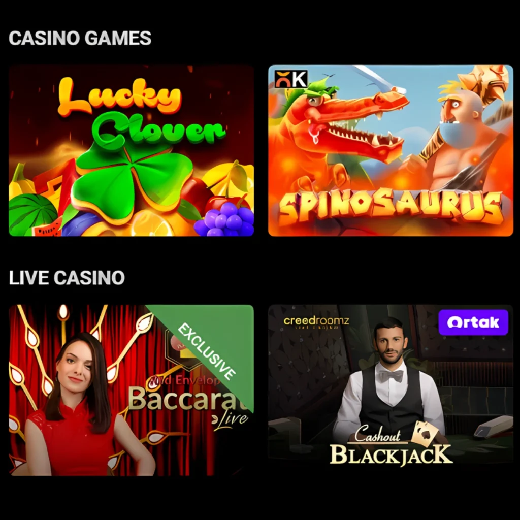 Betx101 Casino game selection including Lucky Clover and Spinosaurus.