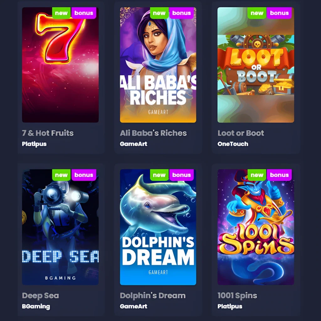 BetyBet Casino game collection including 7 & Hot Fruits and Dolphin's Dream.