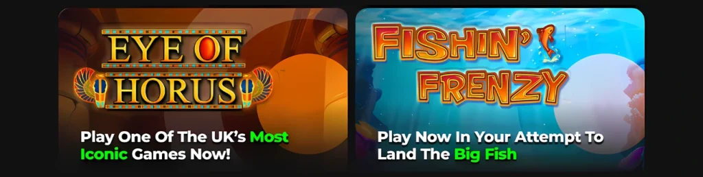 Eye of Horus and Fishin' Frenzy games at Betzone Casino.