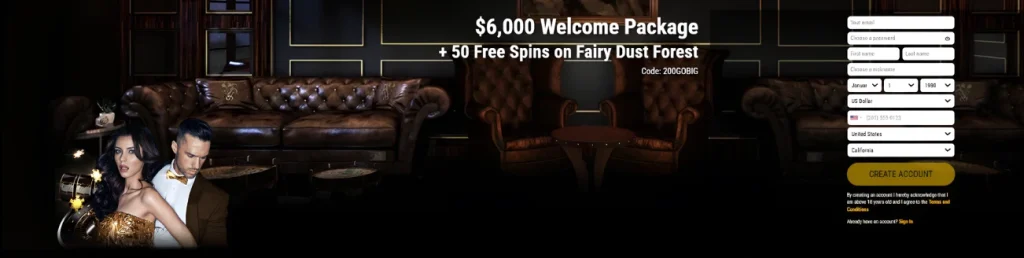 $6,000 Welcome Package offer at Big Dollar Casino with elegant lounge setting